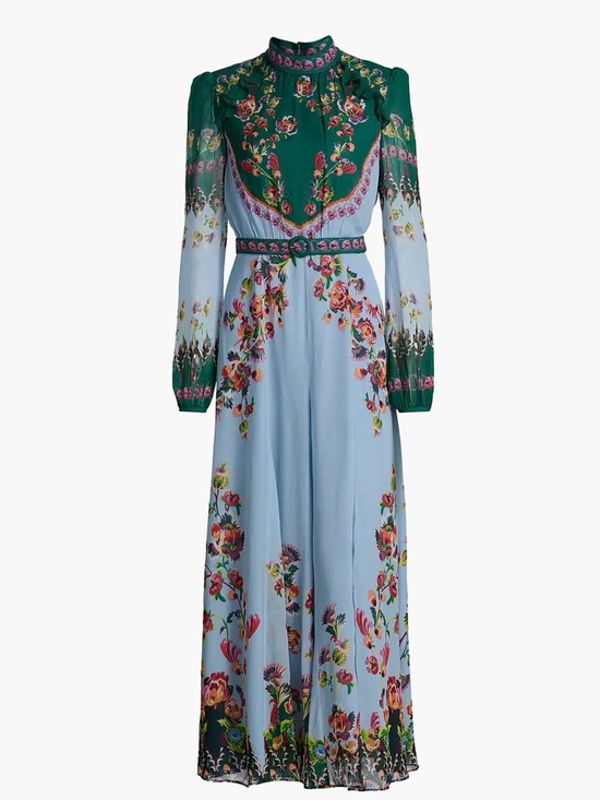 SALONI Dresses & Skirts - SALONI Two-Tone Floral High-Neck Long Sleeve Maxi Dress in Green and Light Blue